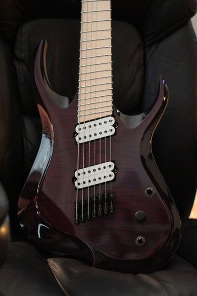 Custom Preorder: Skervesen: Chiroptera 7 : Flame Maple Over Black Limba Body Electric Guitar
