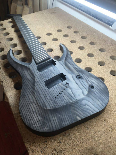 HAPAS Guitars Kayzer Multiscale 7FF:  Pale Coal Over Two Piece Ash body, Hand wound pickups.